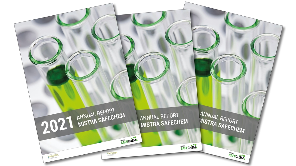 Front pages of threee samples of the Mistra SafeChem Annual report for 2021.