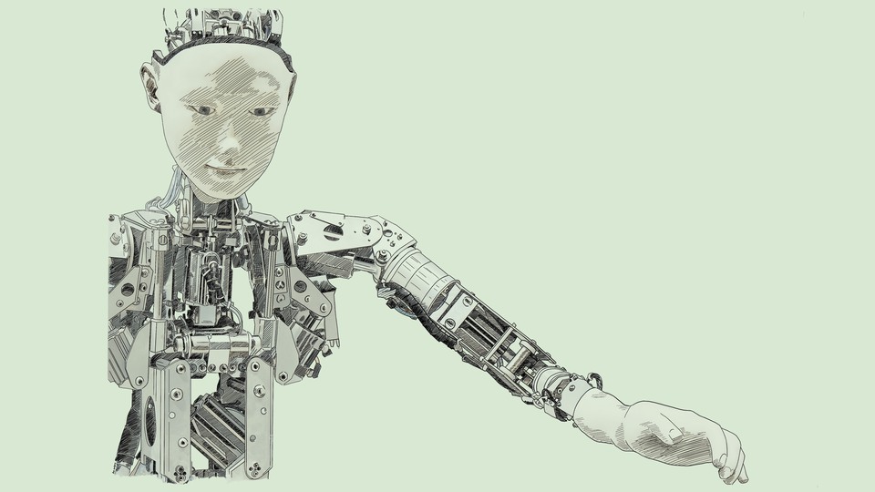 Drawing of a robot with a human face, mechanical torso and mechanical left arm. 