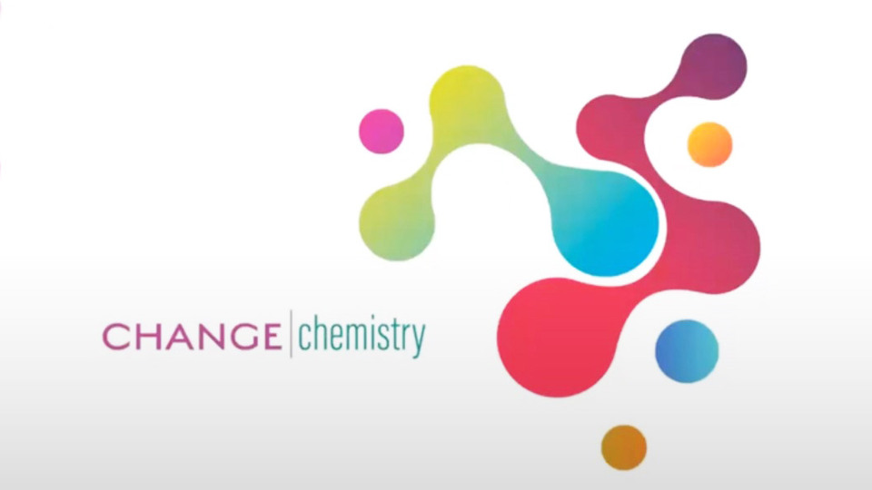 Logo for the organisation Change Chemistry, colourful forms in the right part of the picture.